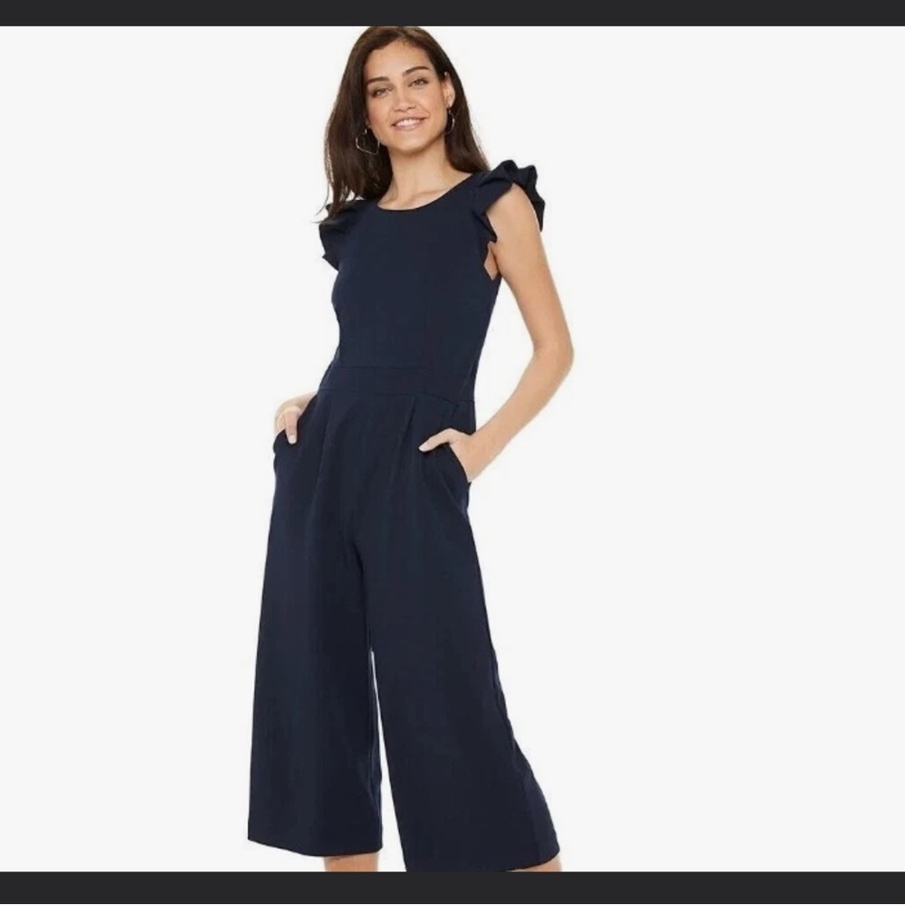 Elle Navy Ruffle-Sleeve Wide-Leg Jumpsuit